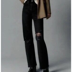 Zara Black High Rise Grunge Torn 90s Distressed Wide Leg Jeans Size 6 EU 39 Y2K